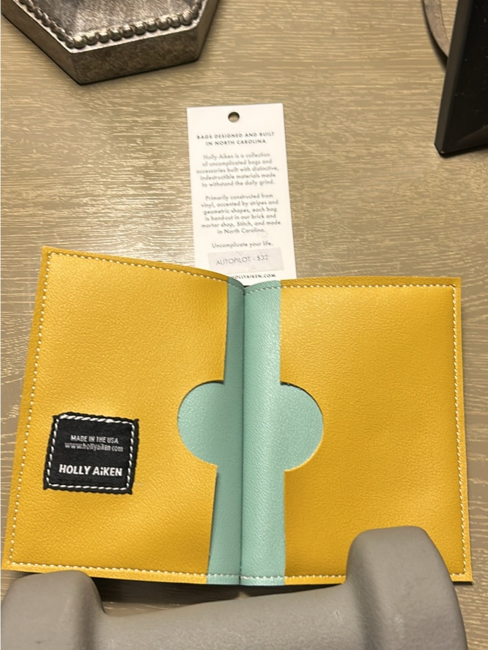 Holly Aiken Rare all Leather MADE in USA Yellow dots Passport Holder
